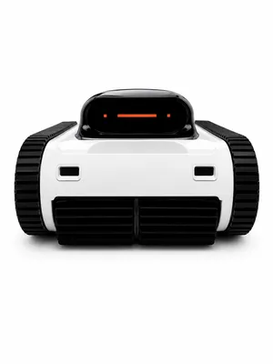 Vedere frontală a robotului W30 pe fundal alb. Carcasă albă, șenile laterale și perii negre, iar deasupra o cupolă neagră lucioasă cu un in